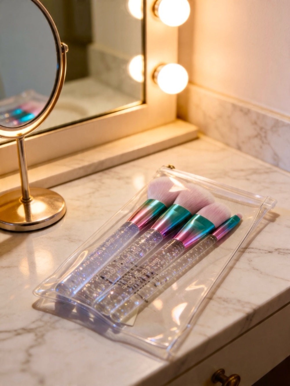 Bath and Body Works Glitter Handle Makeup Brush Set with Pink Bristles